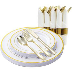 Gold & Silver Disposable Dinnerware w/ Rolled Napkins - Heavy Duty Plastic Plates & Cutlery (72 pcs, 12 Guests)