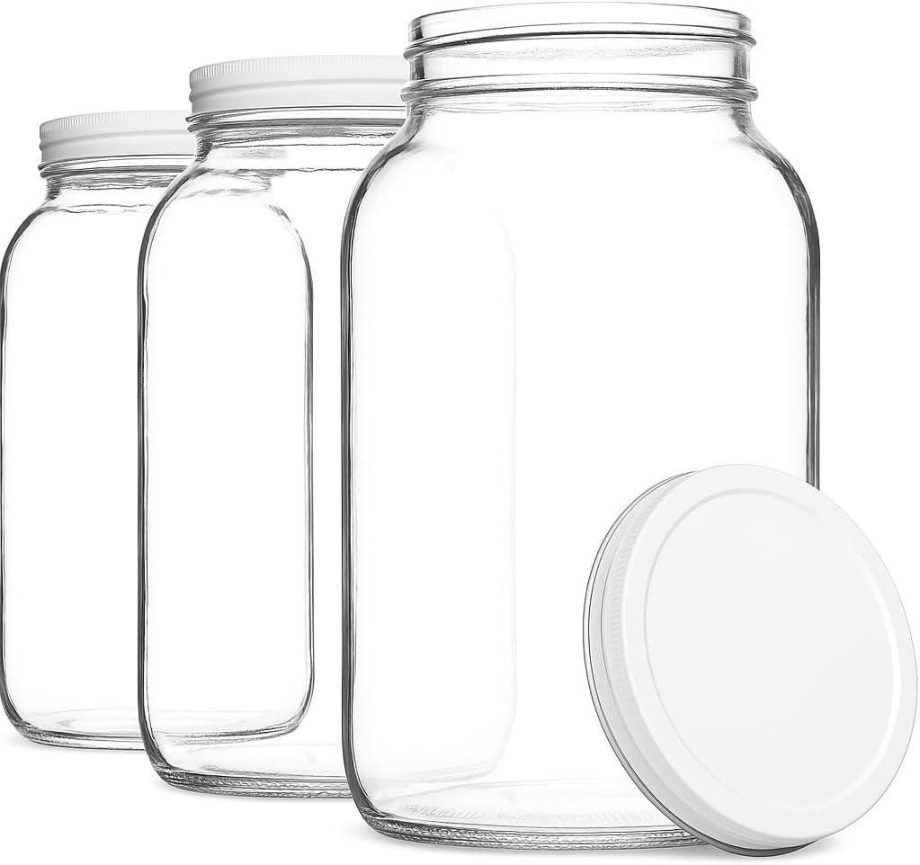 Kitchentoolz Set of 3 One Gallon Large Glass Jar with Lid WideMouth Gallon Mason Jar for Sun Tea, Pickling, Kombucha 1 Gallon Glass Jug 