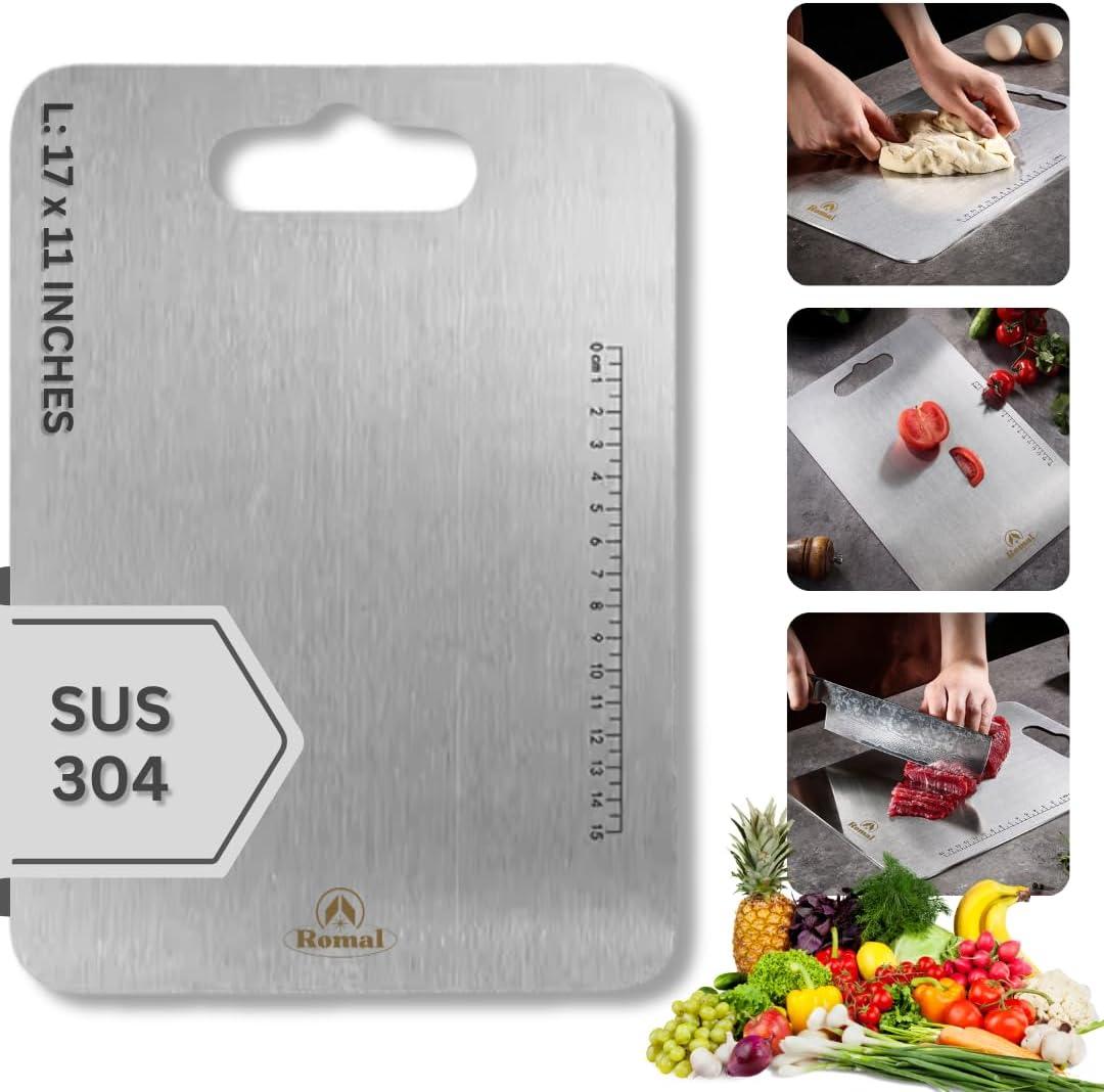 ROMAL 304 Stainless Steel Cutting Board | 17x11" Double Sided, Scratch Free, Food Grade Stainless Steel Cutting Boards for Kitchen | Meats, Fruits, & Vegetables | Dishwasher Safe Metal Cutting Board, Large