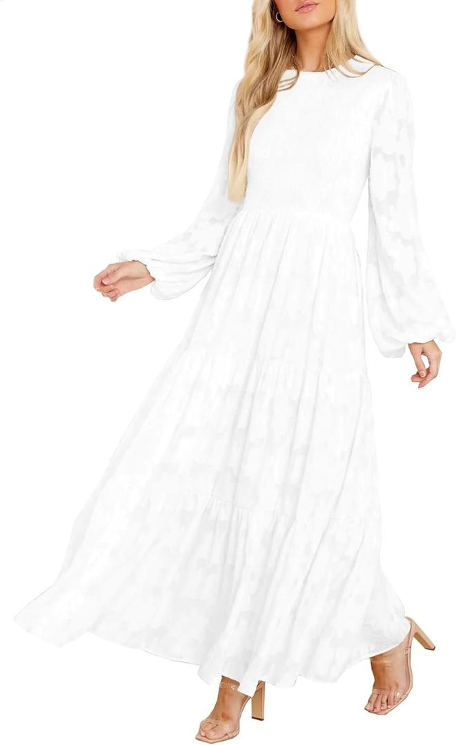 MITILLY Women's Elegant Floral Long Sleeve Round Neck Smocked A-Line Flowy Tiered Maxi Dress with Pockets (White)