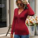 CiCiBird Womens Sexy Lace V Neck Long Sleeve Top Slim Fit Going Out Shirt 2025 Spring Fall Fashion Tee (Red, L)