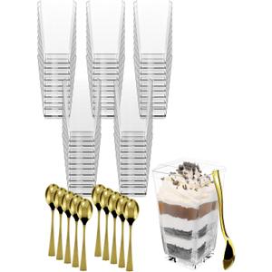 100 Pack 3 oz Mini Dessert Cups with Lids and Spoons (Gold Spoons) - Plastic Shooter Appetizer Parfait Cups with Lids Reusable - BPA Free Catering Supplies for Party - Dessert Serving Bowls