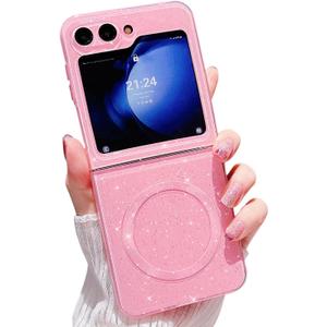 MINSCOSE for Samsung Galaxy Z Flip 5 Magnetic Neon Phone Case[Compatible with Magsafe],Cute Bling Glitter Thin Slim Shockproof Sparkly Cover for Women Girl for Samsung Flip 5 5G-Pink