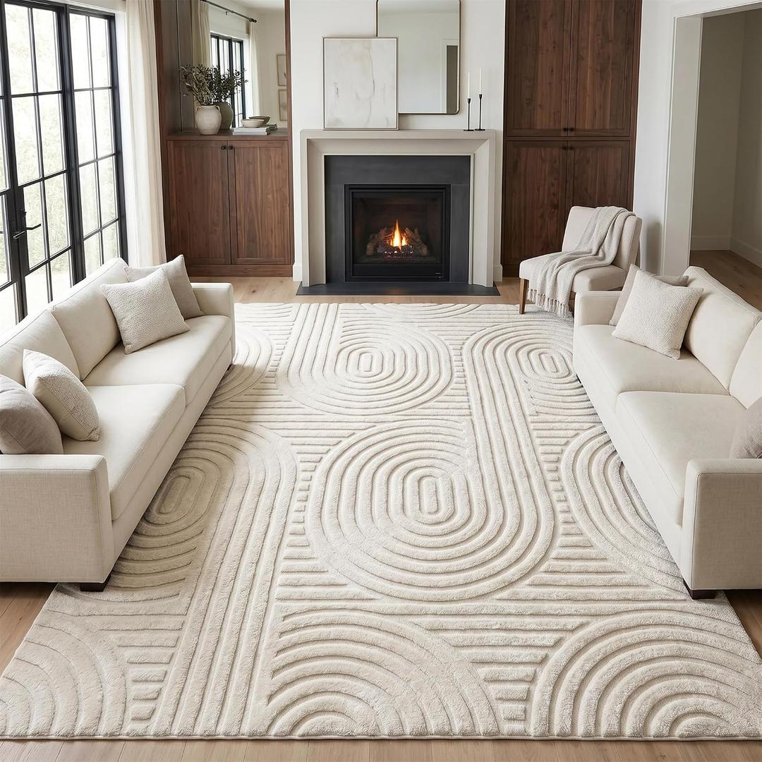 Beige 8x10 Solid Color Area Rug, Large Modern Living Room Rug