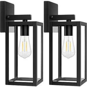 2-Pack Outdoor Light Fixtures Wall Mount, Waterproof Exterior Wall Lanterns with Clear Glass, Anti-Rust Outside Black Wall Sconces, Front Porch Lights for House Garage Doorway, Bulbs Not Included, 12.5inch