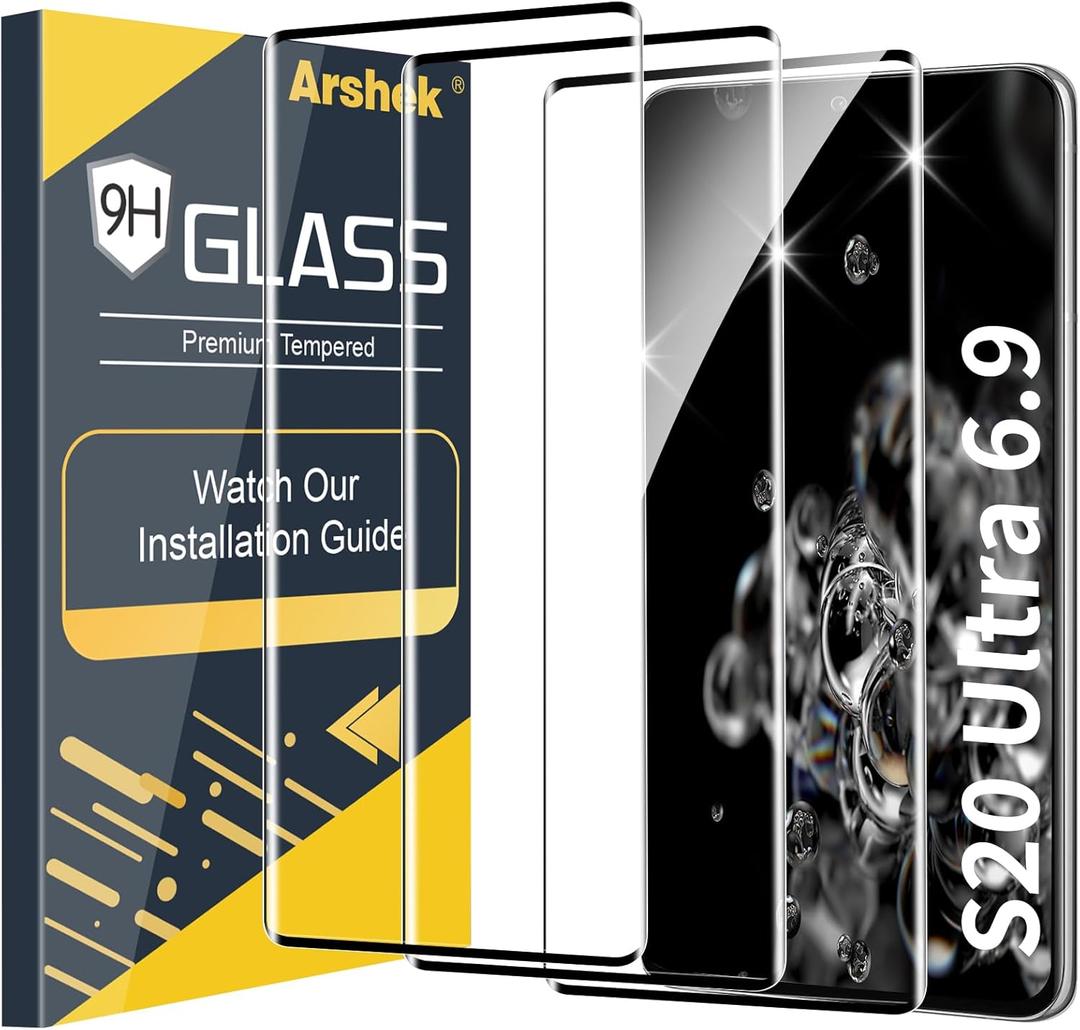 3 Pack Galaxy S20 Ultra Screen Protector, 9H Tempered Glass, Ultrasonic Fingerprint Support, 3D Curved,HD Clear Scratch Resistant for Samsung S20 Ultra Glass Screen Protector