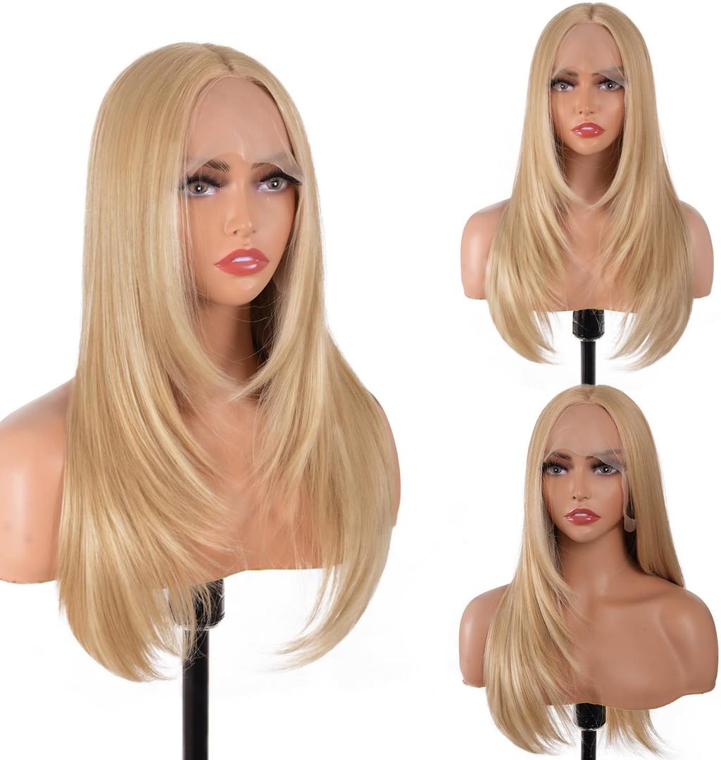 BrittyHair Blonde Wigs for Women 26 Inches Long Straight Layered Wig Middle Part Blonde Layered Wigs Natural Looking Heat Resistant Synthetic Wig for Daily Party Cosplay Use (#Mixed Blonde, 26 Inch)