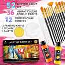 52 Pcs Acrylic Paint Set - 36 Colors (2oz/60ml) with 12 Brushes, 2 Knives & Palette - Rich Pigments for Adults, Artists & Beginners - Painting on Pumpkin Canvas Ceramic Rock Wood