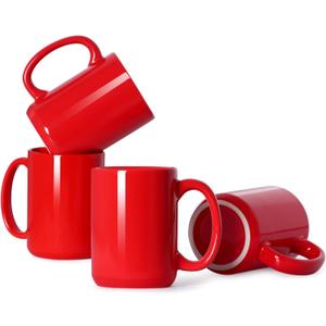 16 OZ Porcelain Coffee Mugs, Classic Blank Ceramic Cup with Large Handle for Tea Latte Cappuccino, Set of 4, Red