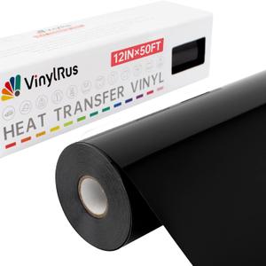 VinylRus Heat Transfer Vinyl-12 x 50ft Black Iron on Vinyl Roll for Shirts, HTV Vinyl for Silhouette Cameo, Easy to Cut & Weed