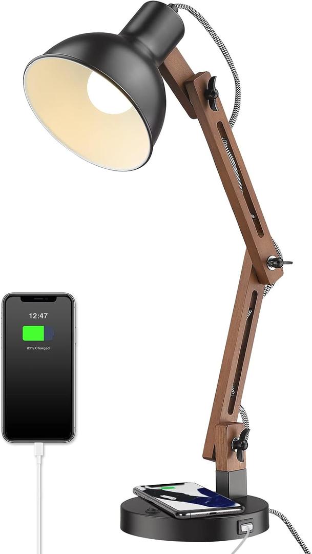 ELYONA Modern LED Desk Lamp with Upgraded Wireless Charger & USB-C Charging Port Sapele Wood Table Lamp Swing Arm Bedside Reading Task Light for Dorm Office Bedroom Living Room Bulb Included Black