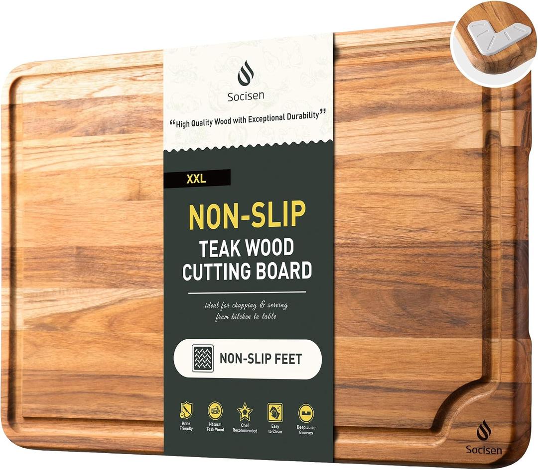 Extra Large Teak Wood Cutting Board 20inch for Kitchen Non Slip Feet Over Sink Butcher Block Chopping Board Nice Solid Thick Wooden Juice Groove Big Xl XXl large Best Hardwood Kitchen Counter Organic, 20"L x 14"W