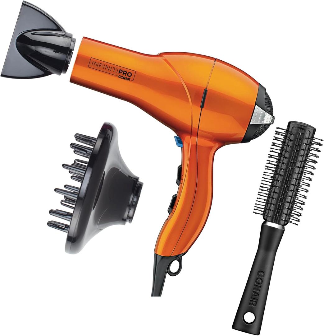 INFINITIPRO by CONAIR Hair Dryer with Diffuser | Salon Performance AC Motor Blow Dryer | Includes Diffuser, Concentrator and Bonus Blow-Out Brush | Orange 