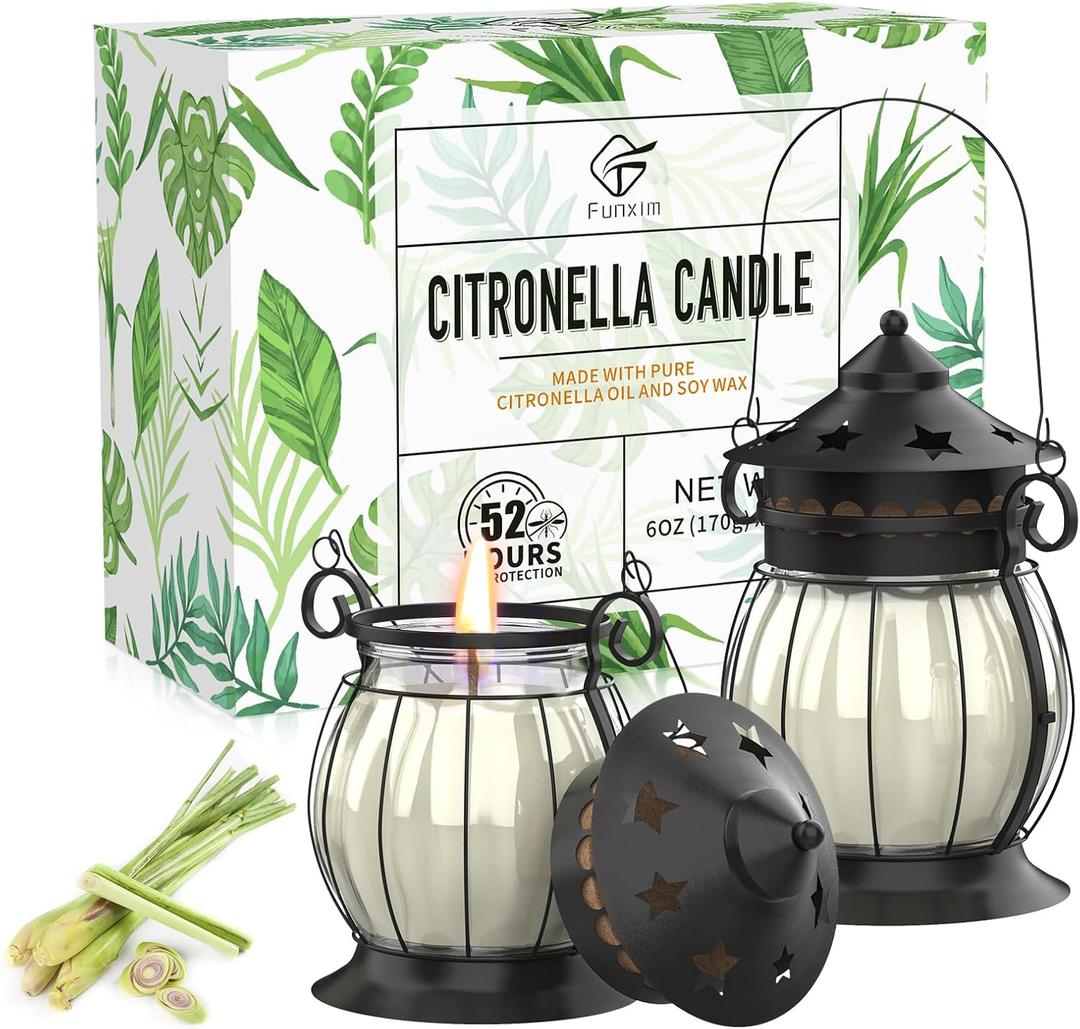 Citronella Candles Outdoor, 2 x 6oz Scented Candles with Vintage Metal Lantern Holder, Natural Citronella Soy Wax Candles, Lemongrass Candles for Patio, Garden, and Camping - Gifts for Women