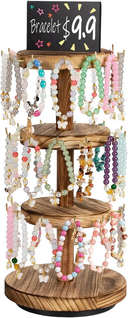 Pinzoveco Bracelet Holder, 3 Tier Wooden Rotating Bracelet Display Stand, Tree Stand Vendor Booth Display with Adversitsing Board, 36 Hooks for Bracelet, KeyChain Display Stands for Selling, Brown (Patent Pending)