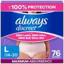 Always Discreet Adult Diapers for Women, Incontinence Underwear, Postpartum Essentials, Disposable Briefs, Max Absorbency, Bladder Leak Protection, Large, 76ct