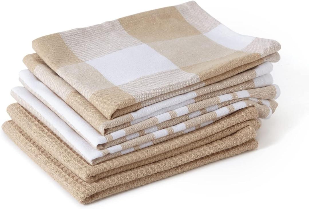 Encasa XO Kitchen Dish Towels Set | Beige | Waffle Weave and Flat Hand Tea Towel | 28"x18" | Quick Drying Reusable Cotton Washcloths | Multipurpose Lightweight Dishcloths Set of 6
