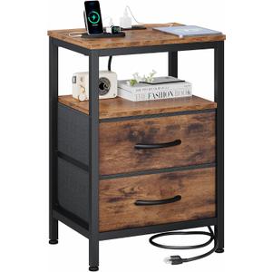 OLIXIS Nightstand with Charging Station, Bedside Table with USB Ports & Type-C, 2 Fabric Drawers Night Stand with Open Shelf, Compact End Table for Bedroom, Rustic Brown, 15.7"Dx11.8"Wx23.6"H