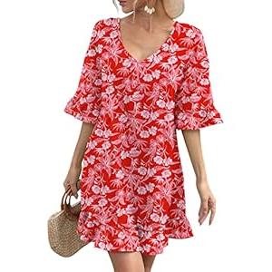 LuckyMore Women Beach Cover Ups Boho Kimono Bathing Suit Swimsuit Cover Up Shirt Dress Swimwear Red M