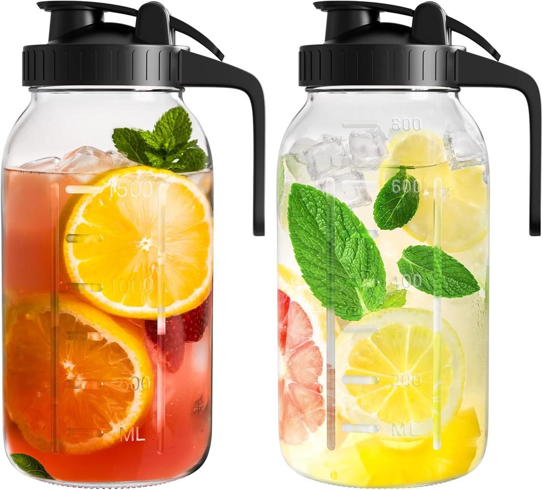 2 Pack (64oz) Glass Mason Jar Pitcher with Lid and Spout Wide Mouth, 2 Quart Leakproof Water Jug for Sun Tea, Iced Coffee, Milk Storage, Juice, Black