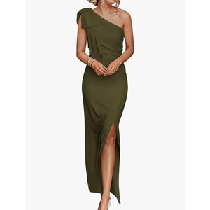 PRETTYGARDEN Women's Summer One Shoulder Long Formal Dresses Sleeveless Ruched Bodycon Wedding Guest Slit Maxi Dress Large