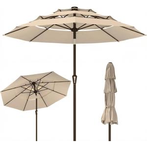 Kingdura 10ft 3-Tier Patio Umbrella, Outdoor Table Umbrella with Easy Crank & Tilt, 8 Reinforced Ribs, UV Protection for Deck, Pool, Market, Backyard (Beige)