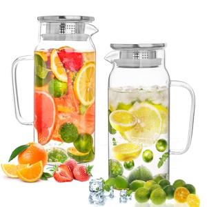 Set of 2 Glass Pitcher with Lid,2 Quart 1500ml Leak Proof,Glass Water Jugs, BPA-Free,Microwave & Dishwasher Safe Pitcher,Sun & Iced Tea, Sangria,Cold Brew Coffee & More