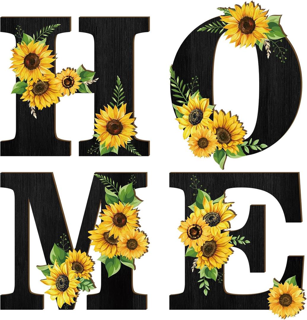 Geetery 4 Pcs Sunflower Kitchen Wall Decor Accessories Wood Rustic Sunflower Home Letters Decor Hanging Wall Art Signs Decorations for Home Living Room Kitchen Bedroom(Black)