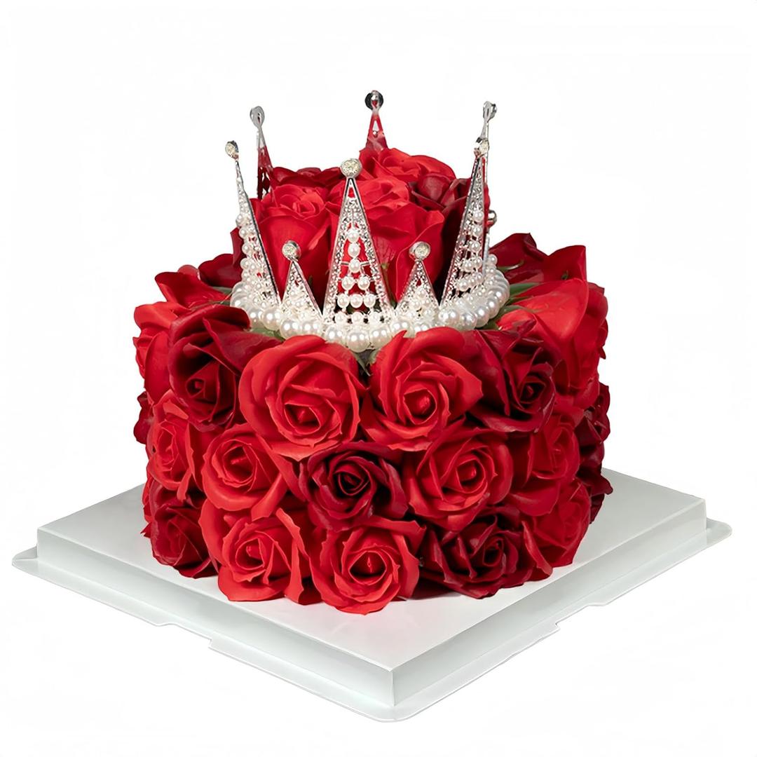 EIGHTOWN Birthday Gift for Her with Crown - Forever Cake with Red Preserved Flowers - Bouquet Preserved Roses for Women (Red)