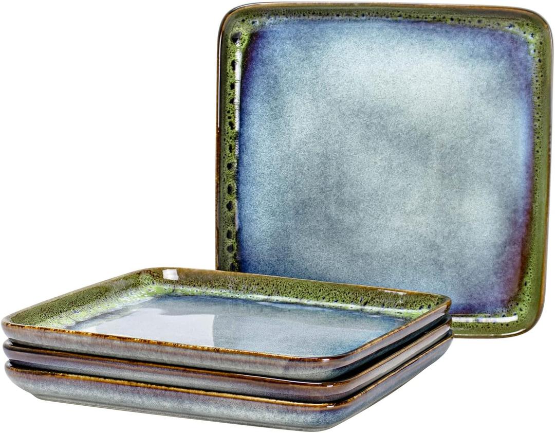 HENXFEN LEAD Ceramic Square Dinner Plates 11 Inch, Large Serving Dishes Set of 4 for Steak, Pasta, Salad, Stoneware Dinnerware Set Dishwasher Microwave Safe - Reactive Green