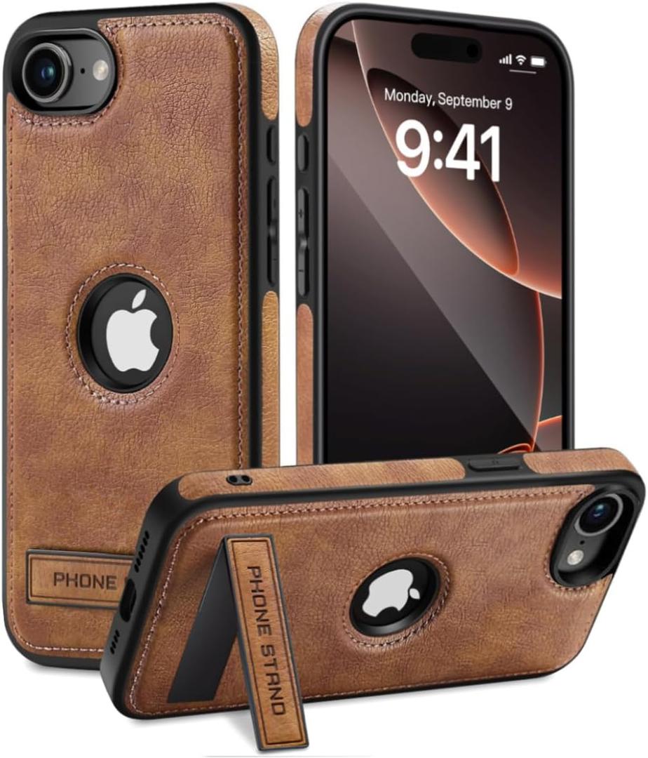 Design for iPhone 16E Leather Case, Built-in Foldable Alloy Stand, Logo Visible Slim Kickstand Protective Phone Cover 2025 6.1 Inch (Brown)