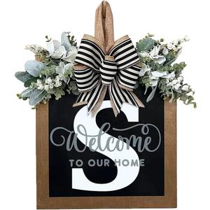 Last Name Year Round Front Door Wreath Front Porch Decoration 26 Letter Welcome Sign with Eucalyptus Garland and Bow Spring Wreaths for Front Door Outside Hanger GarlandS