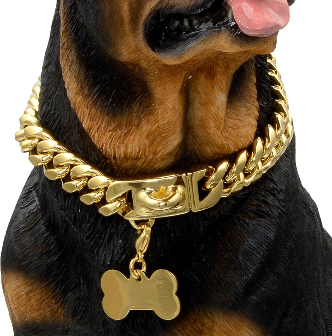 Gold Dog Chain Collar Walking Metal Chain Collar with Design Secure Buckle,18K Cuban Link Strong Heavy Duty Chew Proof for Medium Dogs(14MM, 12") Gold Dog Chain Collar Walking Metal Chain Collar with Design Secure Buckle,18K Cuban Link Strong Heavy Duty Chew Proof for Medium Dogs(14MM, 12")
