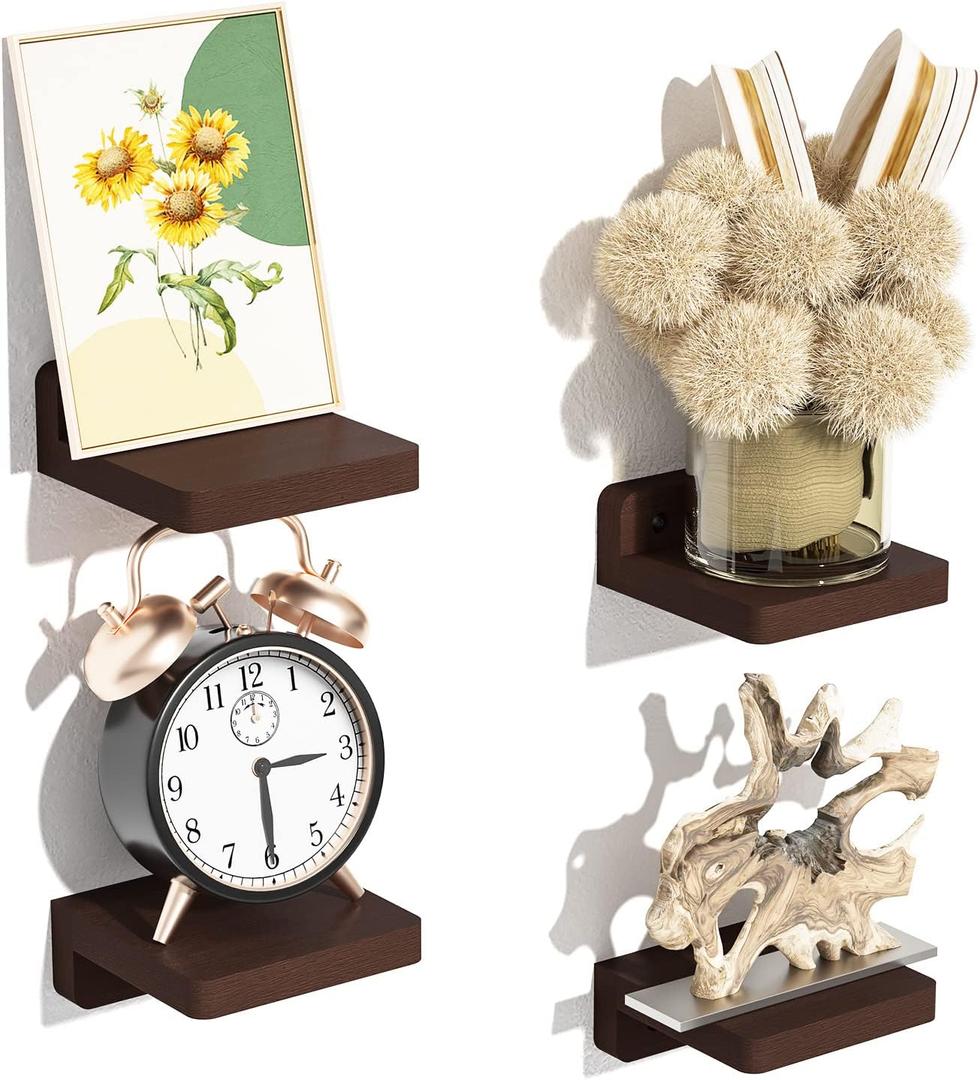 SRIWATANA Small Floating Shelves Wall Mounted, Wood Shelf for Decoration and Storage Set of 4, Mini Display Shelf for Bedroom, Bathroom, Kitchen, Office (Walnut, 4 inch)