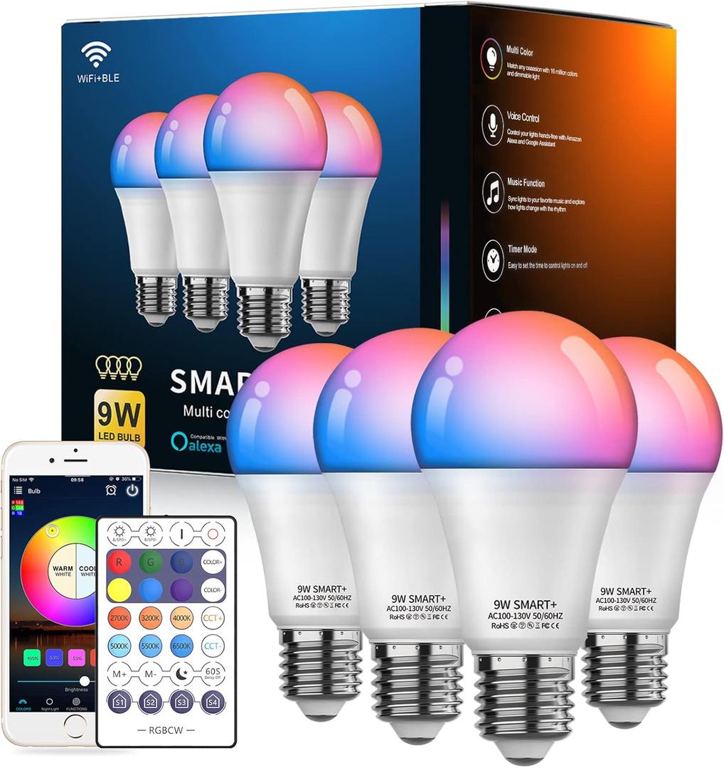 Smart Light Bulbs, WiFi & Bluetooth 5.0, Work with Alexa Google Assistant, App Control, Color Changing LED Bulb,E26 800LM Dimmable RGB Lights, Smart Home Lighting, Dimmable, 4Pack with Remote