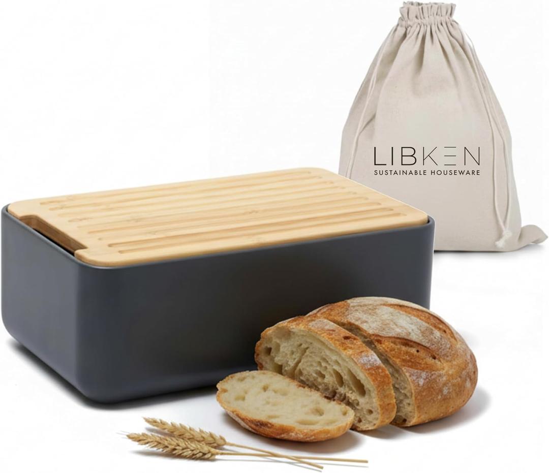 LIBKEN Bread Box Extra Thick Steel Bread Bin with Bamboo Cutting Board Lid & Drawstring Bread Bag - Modern Scandinavian Metal Box for Kitchen Countertop, Sourdough & Homemade Bread - Black