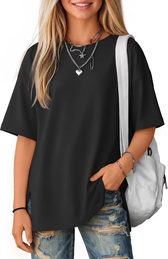 Yooo's Vivi Girls Oversized T Shirts Short Sleeve Crewneck Kids Summer Tops Teen Casual Basic Tees 5-14 Years (Black)