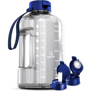 AQUAFIT 1 Gallon Water Bottle with Time Marker - Straw & Chug Lid - BPA Free Gym Water Bottle with Straw - Big Gallon Jug (Clarity, 128 oz - 2 Lids)