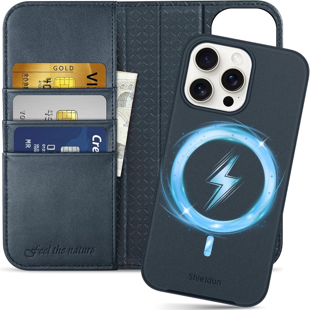 SHIELDON Wallet Case for iPhone 15 Pro Max, Genuine Leather Detachable Magnetic 2 in 1 Case Kickstand RFID Blocking Credit Card Slots Wireless Charging Compatible with iPhone 15 Pro Max - Navy Blue