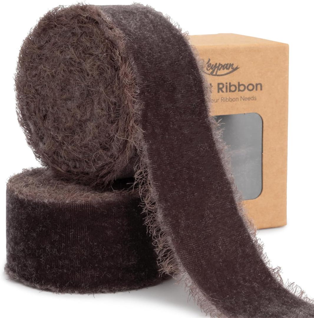 Brown Velvet Ribbon 1-1/2 Inch x 6 Yd Handmade Frayed Vintage Ribbons for Christmas Tree Home Decor Wreath Craft Ornaments Gift Wrapping