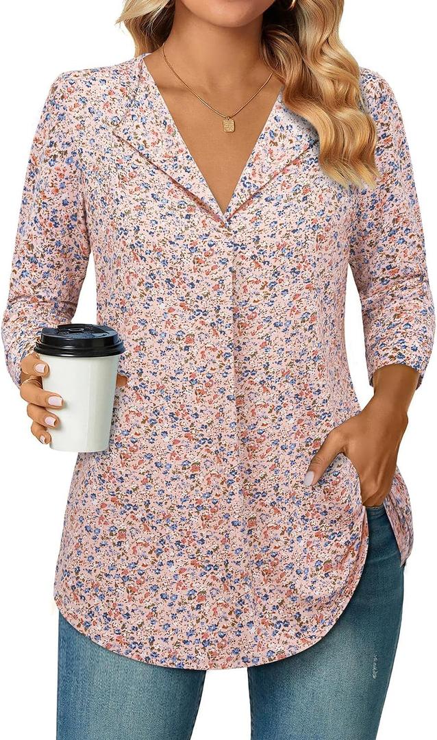 Bulotus Women's 3/4 Length Sleeve Tops Lapel Collar Business Casual Blouses Dressy Tunic Tops (X-Large, Pink Flower)