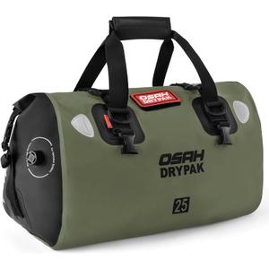 OSAH DRYPAK Waterproof Duffel Bag - Motorcycle Dry Bag Tail Bag with Large Storage Space, Waterproof Luggage Duffle Bags with Outer Mesh Zipper Pocket for Camping, Kayaking, Fishing & Traveling (25L, Olive)