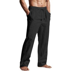 Men's Casual Linen Pants Elastic Waist Drawstring Summer Beach Lightweight Trouser with Pockets (Black)