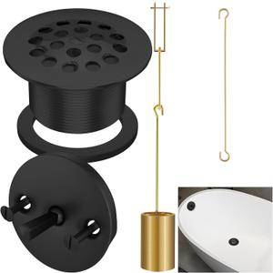 Tub Drain Linkage Assembly with Trip Lever and Strainer Done Cover, Universal Overflow Faceplate Trim Kit with Screws, Fit for Bathtub Trip Lever Waste and Overflow Drain Kit, Matte Black