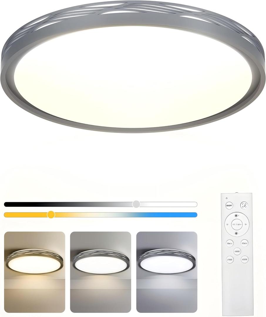 20 Inch Large LED Flush Mount Ceiling Light, 2700K-6500K Dimmable LED Ceiling Light Fixture with Remote, 70W 8900lm Round Modern Ceiling Lamp for Bedroom, Living Room, Hallway (Grey) (Gray)