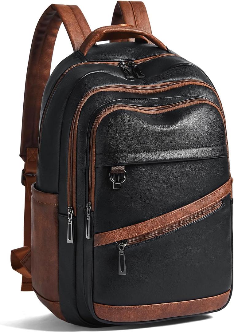 LATMAP 43L Backpack for Women Men - Vegan Leather Backpack Purse Travel Carry-on Bag College Bookbag Work fits 17" Laptop,Black&Brown