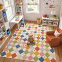 jinchan Macy 8x10 Kids Area Rug for Classroom Modern Colorful Nursery Rug Checkered Diamond Play Mat Washable Soft Non Slip Carpet for Playroom Living Room Bedroom Daycare Circus on Cream