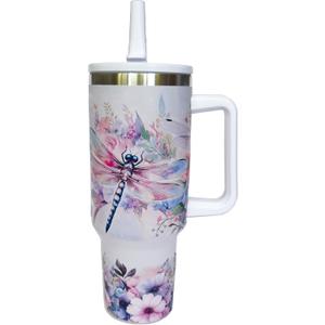 Dragonfly Tumbler With Handle and Straw,Stainless Steel Travel Mugs Cup for Friend Women,Gifts for Dragonfly Lover 40 Oz