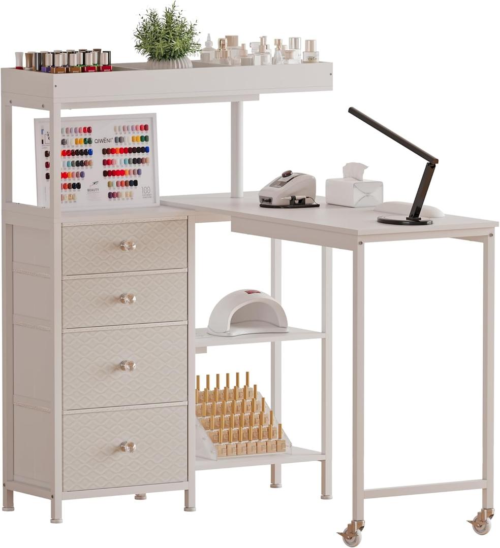 L-Shaped Manicure Table with Power Outlets,Nail Desk for Nail tech, 31.5" W x 39.37" L x 43.31" H