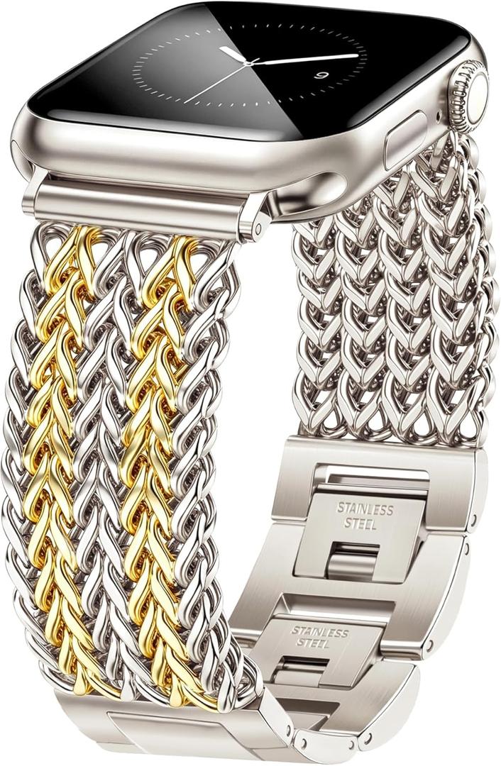 JR.DM Starlight Gold Bracelet Band for Women Compatible with Apple Watch 38mm 40mm 41mm 42mm (S10/11) Designer Stainless Steel Metal Chain Dressy Strap for iWatch Series 11/10/9/8/7/6/5/4/SE/3/2/1